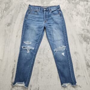 American Eagle Jean Womens 8 Blue High Rise Girlfriend Distressed Ripped Stretch